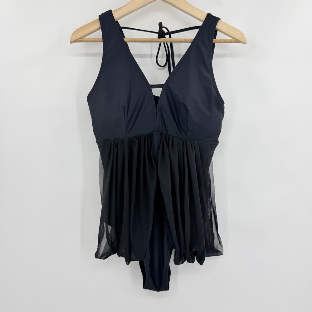 Beachsissi Swim Dress 1 Piece Small Black Mesh Drape Overlay V-Neck Tie Back